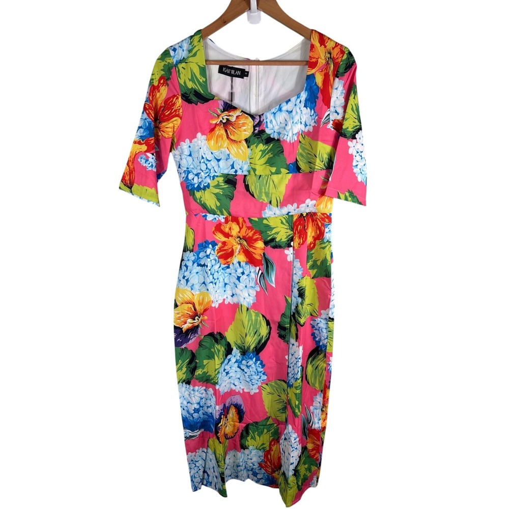 Kaimilan Women's Size 4 Colorful Floral Sweetheart Neck Summer Midi Sheath Dress